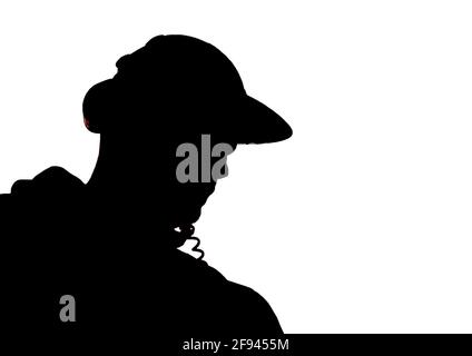 Die schwarze Silhouette eines Mannes in einer Mütze und DJ-Kopfhörer auf weißem Hintergrund isoliert. Stockfoto