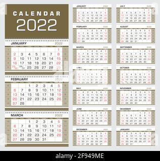 Kalender 2022. Wall Quartalskalender mit Wochenzahlen. Woche ab Sonntag. Druckfertig, Farbe: Schwarz, Rot, Gold. Vektorgrafik Stock Vektor