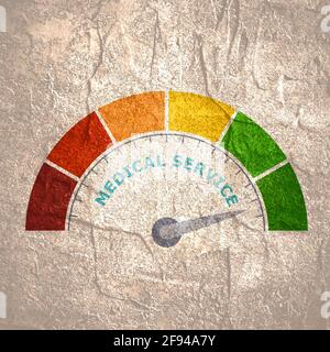 Farbskala mit Pfeil von Rot nach Grün. Das Symbol des medizinischen Service Level Measuring Device. Tachometer, Tachometer, Anzeigen. Farbenfroher Infograp Stockfoto