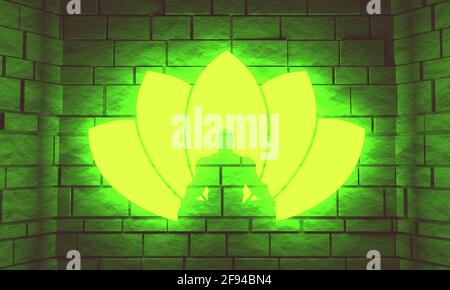 Muskulöser Mann sitzt in Meditationshaltung. Bodybuilder entspannend. Ausschnitt Silhouette. Lotusblume Yoga-Zentrum Emblem. 3D-Rendering. Neonbeleuchtung Stockfoto