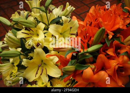 Nahaufnahme eines Blumenstraußes in Hanoi, Vietnam, mit einem roten Backsteinboden im Hintergrund. Aufgenommen am 07/01/20 mit Makroeinstellung während des Tages. Stockfoto