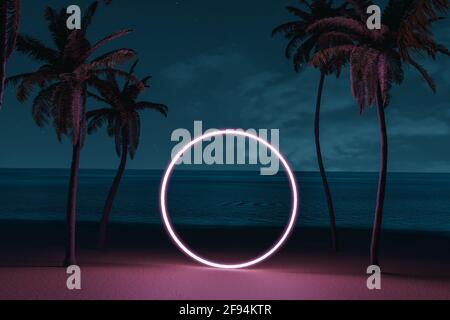 3d-Rendering von hellen Kreisform auf Strandumgebung und Palm Avenue Stockfoto