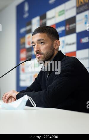 Gents Tarik Tissoudali im Bild während einer Pressekonferenz der belgischen Fußballmannschaft KAA Gent, Freitag, 16. April 2021 in Gent, vor ihrem nächsten Spiel der Stockfoto