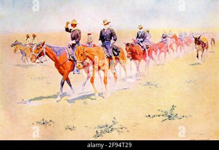 Diese Illustration von Frederic Remington zeigt die Ausbildung eines Soldaten der US-Truppen auf dem Marsch. Frederic Remington (1861–1909) war ein amerikanischer Bildhauer und Maler von Themen, die sich hauptsächlich auf das Leben in den westlichen Vereinigten Staaten stützten. Stockfoto