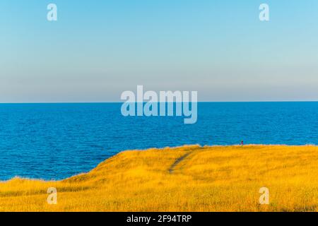 Veleka Strand in der Stadt Sinemorets in Bulgarien während des Sonnenuntergangs Stockfoto