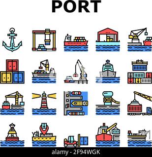 Container Port Tool Collection Icons Set Vector Stock Vektor