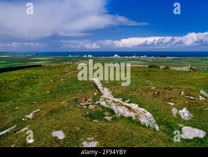 Blick NNW entlang Na Tri Shean Neolithische gehörnte lange Kaira auf dem Gipfel des Cnoc Freiceadain, Caithness, Schottland, Großbritannien: Der südlichste von 2 langen cairns Stockfoto