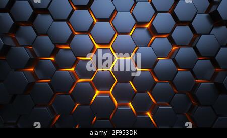 Blaue und orangefarbene Sechsecke. Moderner Hintergrund. Moderne Tapete. 3d-Illustration. Stockfoto