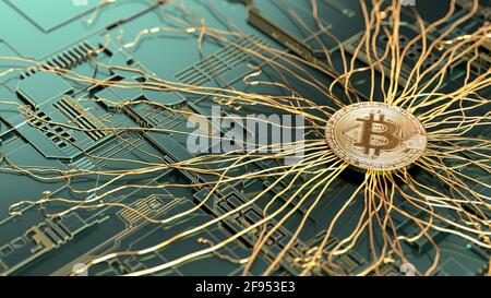 Goldenes Bitcoin auf Computerplatine. Kryptowährungskonzept. 3d-Illustration. Stockfoto