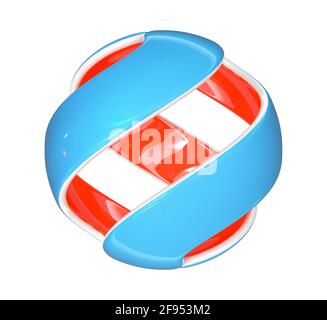 3D-Schnitt-Farbkugel auf weißem Hintergrund. Blau mit rotem kugelförmigem Emblem. Stockfoto