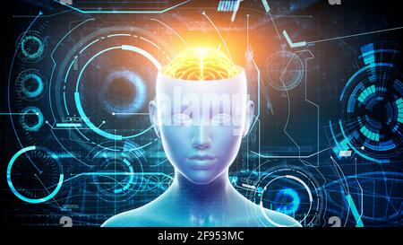3 D Darstellung von Kopf und Gehirn eines Mannes mit grafischen Elementen. Künstliche Intelligenz und maschinelles Lernkonzept. Stockfoto