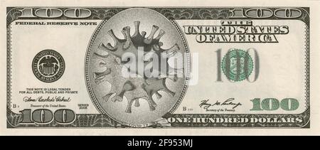 Coronavirus in den USA. Montage einer Banknote von 100 US-Dollar mit einem Virusbild anstelle eines Portraits. Eine globale Bedrohung der Weltwirtschaft durch eine Stockfoto
