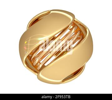 Abstrakter Ball in Goldfarbe mit einer Spirale in der Mitte und Farbakzenten auf der Oberfläche. 3d-Darstellung auf weißem Hintergrund. Stockfoto