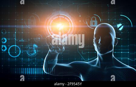 Kybernetischer Organismus mit künstlicher Intelligenz Arbeiten mit Infografik-Hintergrund. Die Hand einer virtuellen Person berührt den Touchscreen. Informativ Stockfoto