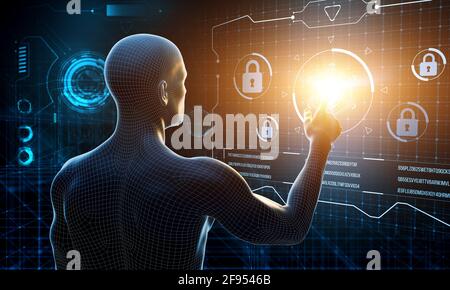 Kybernetischer Organismus mit künstlicher Intelligenz Arbeiten mit Infografik-Hintergrund. Die Hand einer virtuellen Person berührt den Touchscreen. Informativ Stockfoto