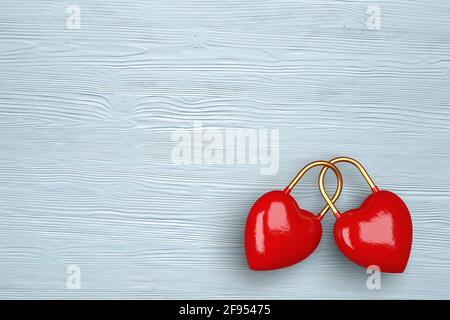 Zwei Herzen auf einem hellen Holzhintergrund. Konzept für den Valentinstag. Urlaubskarte mit Kopierplatz. 3d-Illustration. Stockfoto