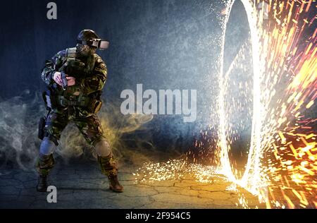 Ein Soldat mit Virtual-Reality-Brille blickt auf den Feuerring und hält eine Waffe in den Händen. Das Konzept der virtuellen Realität. Simulationsspiele. Stockfoto