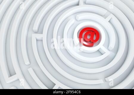 Rotes Mail-Symbol in der Mitte des weißen Labyrinths.3d-Rendering., rotes Mail-Symbol in der Mitte des weißen Labyrinths.3d-Rendering. Stockfoto