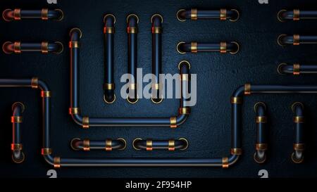 Abstrakter blauer metallischer Hintergrund. 3d-Rendering einer Metallplatte mit Rohren. Hintergrundbild für PC oder mobile Geräte. Stockfoto
