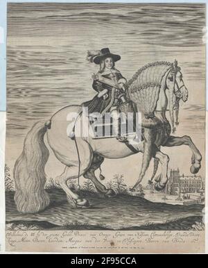 Wilhelm III., Prinz von Orania, König von England im Alter von etwa fünf Jahren zu Pferd: Ganze Figur, die rechts auf einem Schimmel sitzt, zur Hälfte rechts; mit besprengtem Hut; im Reiterrock mit Kantenflechten, Schulterkragen, Schulterband mit Schlaufe, Lorbeer-Manschetten; Rechte mit Reitmaterial an der Hüfte, Zügel links; zwei Satteldecken; vor dem geretteten rechten Bein eine Pistole [?] Fütterung; das Pferd mit erhöhten Vorderbeinen, die am Sprung befestigt sind, auf seiner kunstvoll gebündelten, in zwei bodenlangen und zwei halblangen Zöpfen auslaufende Mähne reiche Schlaufendekoration, auf beiden Seiten der Kruppe zwei tasse Stockfoto