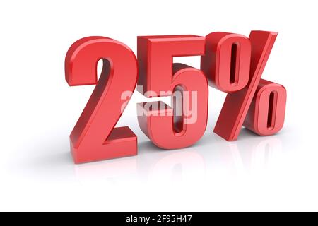 Rotes Symbol für 25 %-Prozentwert auf weißem Hintergrund. 3d-gerendertes Bild Stockfoto