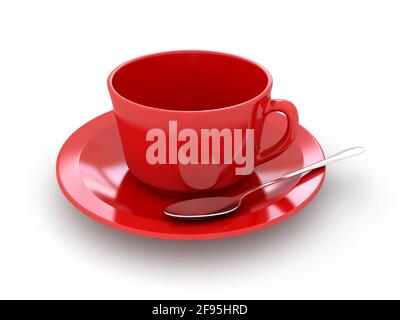 Rote Kaffeetasse und Untertasse mit Löffel auf weißem Hintergrund. 3d-gerendertes Bild Stockfoto