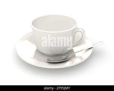 Weiße Kaffeetasse mit silbernem Löffel auf weißem Hintergrund. 3d-gerendertes Bild Stockfoto