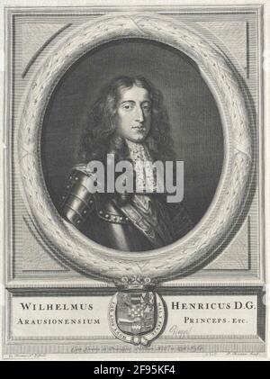 Wilhelm III., Prinz von Orania, König von England Brustbild, halb rechts; mit Allon Perücke, Top-Jabot; in Harnic; Feldverband um die rechte Schulter; der ovale Rahmen, beweist mit einem Kranz aus geperlten gewundenen Lorbeerblättern, in rechteckigen Schreddern mit hervorstehenden Eckstücken; Unten, an der hellen Podestvorderseite, mittig gekröntes Wappen, umgeben vom Devisenband des Hosenbandordens; auf beiden Seiten zweizeilig lateinisch. Legende; nummeriert innerhalb der Präsentation lat. Privilegien beachten Sie die Stände von Holland und Westfriesland; außen links von der Verlegerin Notiz, rechts die ena Stockfoto