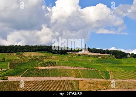 Niederwalddenkmal, Germania Statue steht auf dem Hügel mit Blick auf einen Weinberg. Von Bingen am Rhein in Richtung Rüdesheim am Rhein, Deutschland. Stockfoto