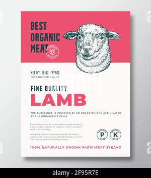 Best Organic Meat Abstract Vector Packaging Design oder Label Template. Banner „Farmangewachsene Steaks“. Moderne Typografie und handgezeichneter Lamm- oder Schafkopf Stock Vektor