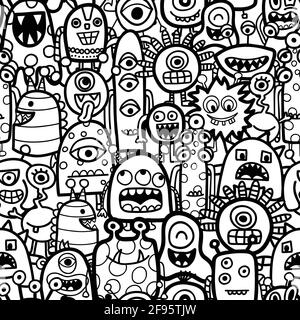 Lustige Monster und Aliens nahtlose Vektor-Muster für Malbuch. Schwarz und weiß Kinder wiederholen Hintergrund. Handgezeichnete Liniengrafik Illustration für Stock Vektor