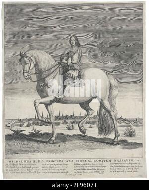 Wilhelm III., Prinz von Oranien, König von England im Alter von etwa fünfzehn Jahren, sitzend zu Pferd: Ganze Figur in linker Seitenansicht, Kopf halb links; Barhaupt, mit Allonhaar; Schulterkragen mit breitem Oberrand; In WAMS mit breiten Armschlitzen, bauschigen Ärmeln und Manschetten, gesäumtem Schulterband, senkrecht zur linken Hüfte geschwungen; in knielangen, holprigen Zügeln in der linken, mit Schleife gefüllten, knielangen Zügeln in der linken, mit Reitanlage auf der rechten Seite der linken Schulter; das Pferd steht auf dem rechten vorderen HUF und dem linken hinteren HUF; Seine Mähne gebündelt mit Schleife; im Hintergrund des Hafens von Amsterdam; unterhalb der Repressen Stockfoto