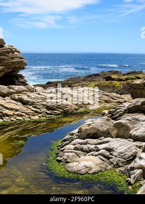 Die Felsen der Küste von Tsitsikamma spiegeln sich an einem klaren, sonnigen Tag im Gezeitenbecken, mit dem Indischen Ozean im Hintergrund, Garden Route, Südafrika Stockfoto