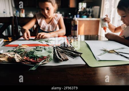 Mädchen machen Kunstprojekte aus Naturzweigen Blätter am Heimschool Stockfoto