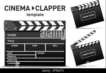 Vorlage für Film-Clap-Board. Öffnen und Nahaufnahme des Kinoklappers. Vektor auf transparentem Hintergrund Stock Vektor