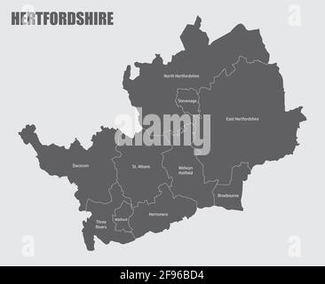 Die isolierte Karte der Grafschaft Hertfordshire, die in Bezirke mit Beschriftungen unterteilt ist, England Stock Vektor