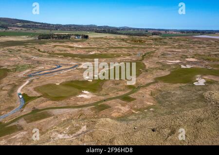 Luftaufnahme der Dumbarnie Golf Links, Leven, Fife, Schottland. Stockfoto