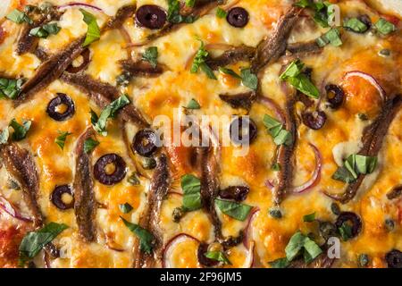 Hausgemachte Gourmet-Sardellenpizza mit Oliven und Basilikum Stockfoto