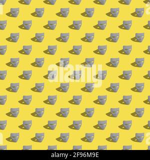 Nahtlose kreative Muster-Layout mit Ultimate Grey Farbe Karneval Masken auf leuchtend gelben Hintergrund gemacht. Mardi Gras oder Karneval Maske Konzept. Stockfoto