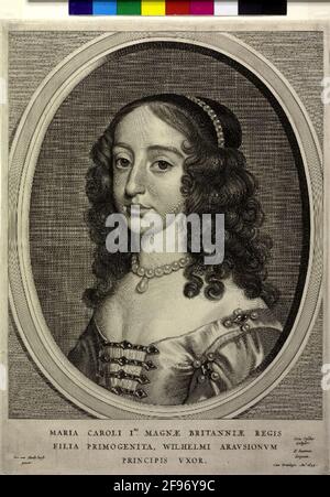 Maria Stuart, Prinzessin von England im Alter von ca. 18 Jahren: Brustbild, halb von links; das Haar seitlich gelockt, am Ende festgezogen, mit Perlenkette um den Endknoten; an der Perlenkette mittig Tropenperlen befestigt; Das Dekolleté am Büstenteil von vier Schmuckklammern halten; auf der gegenüberliegenden Hülse nähern sich zwei rhombische Juwelen mit je vier Perlen an den Spitzen; ovale Rahmung mit Ovallerinerie-Büschen schneiden eine vierseitige, rechteckige Außendecke; unter der Darstellung dreizeilig lat. Legende, auf beiden Seiten die Namen, vernachlässigt Rechte Privilegien Hinweis, datiert. Kupfer Stockfoto