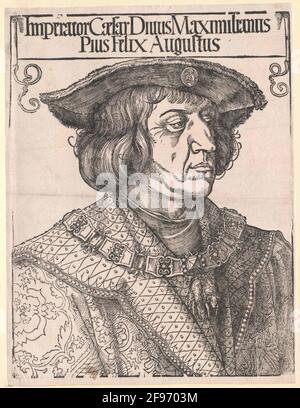 Porträt Kaiser Maximilians I. Holzschnitt von Albrecht Dürer anlässlich des Todes der Maximilians 1519. Stockfoto