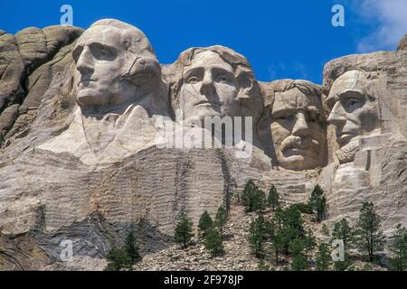 Präsidenten Washington, Jefferson, T. Roosevelt und Lincoln; Mount Rushmore National Memorial, Black Hills, South Dakota. Stockfoto