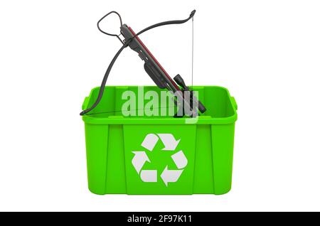 Recycling-Abfalleimer mit Armbrust. 3D-Rendering auf weißem Hintergrund isoliert Stockfoto
