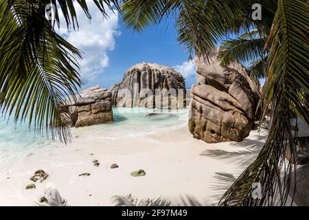 Typische Szene auf den Seychellen: Kristallklares türkisfarbenes Wasser, weißer Sand, Palmen - alles sieht aus wie ein Traum Stockfoto