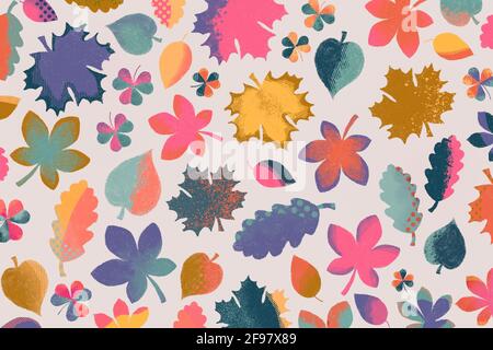 Abstrakte moderne bunte Tapete aus Blättern gebildet. Illustration mit verschiedenen Texturen (Buntstifte) in intensiven Farben auf einem hellen pastellfarbenen Hintergrund. Stockfoto