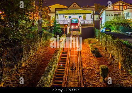 Nachtansicht der Standseilbahn Artxanda in Bilbao, Spanien Stockfoto