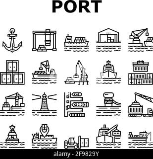 Container Port Tool Collection Icons Set Vector Stock Vektor