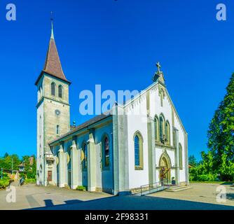 Ansicht einer katholischen Kirche in Murten, Schweiz Stockfoto