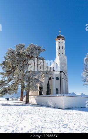 Wallfahrtskirche St. Coloman, hinten Tannheimer Berge, Schwangau, Füssen, Allgäuer Alpen, Ostallgäu, Allgäu, Bayern, Deutschland, Europa Stockfoto