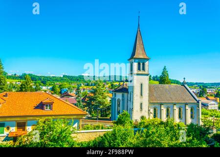 Ansicht einer katholischen Kirche in Murten, Schweiz Stockfoto